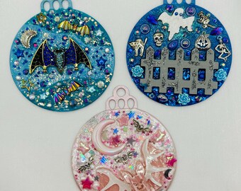 Spooky Halloween Ornaments: Handmade Bat & Graveyard Scene Gothic Decor