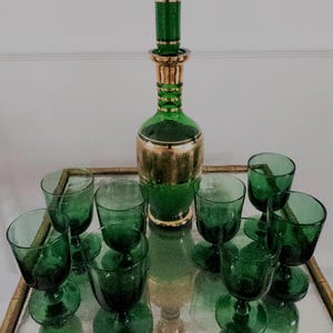 Vintage Green Gold Glass Decanter Set - Etsy