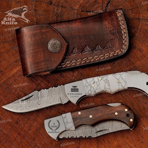 Damascus Pocket Knife Turquoise Handle Folding Knife, Birthday Gift, Groomsmen Gift, Anniversary Wedding  Personalized Gift For Men women.