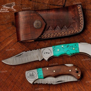 PERSONALIZED HANDMADE DAMASCUS Pocket Knife With Turquoise Handle, Birthday Gift, Groomsmen Gift, Anniversary Gift, Christmas Gift,