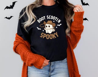 Camiseta Boot Scootin | Camiseta unissex fofa e assustadora | Camiseta Western Halloween | Tema de Halloween com fantasma de caubói | Presente divertido de Halloween