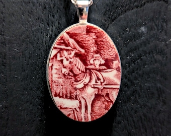 A horse and his boy - Vintage Red Transferware Plate Necklace