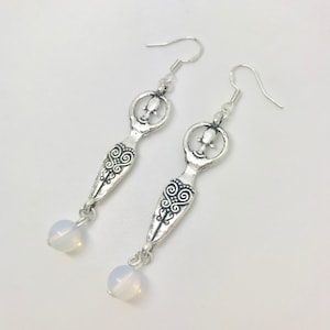 Goddess of Fertility Earrings: Ankh & Opalite Bead, Sterling Silver Plated