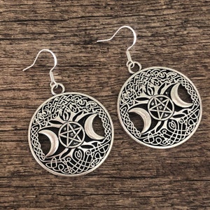 Big Round Triple Moon, Pentagram and Tree Of Life Drop Dangle Silver Earrings