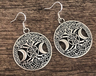 Big Round Triple Moon, Pentagram and Tree Of Life Drop Dangle Silver Earrings