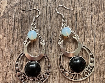 Black Onyx, Opalite Bead, Crescent Moon Witch Drop Earrings