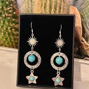 Turquoise Bead, Sun, Hammered Ring & Star Drop Dangle Earrings Silver