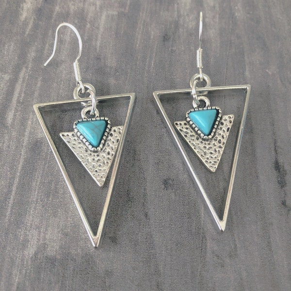 Hammered Turquoise Triangle Drop Dangle Earrings