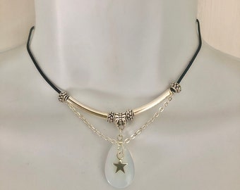 Opalite Gemstone and Silver Star Charm Black Cord Short Choker Necklace