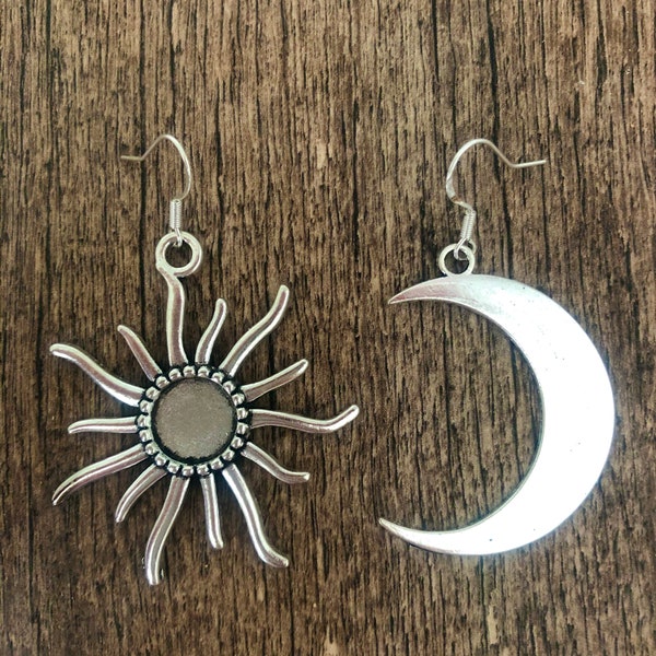 Big Sun and Crescent Moon Silver Drop Earrings
