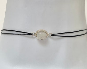Small Moonstone Gemstone Choker Short Black Cord Necklace Tibetan Silver Detail 90’s jewellery vegan gift accessories crystal healing charm
