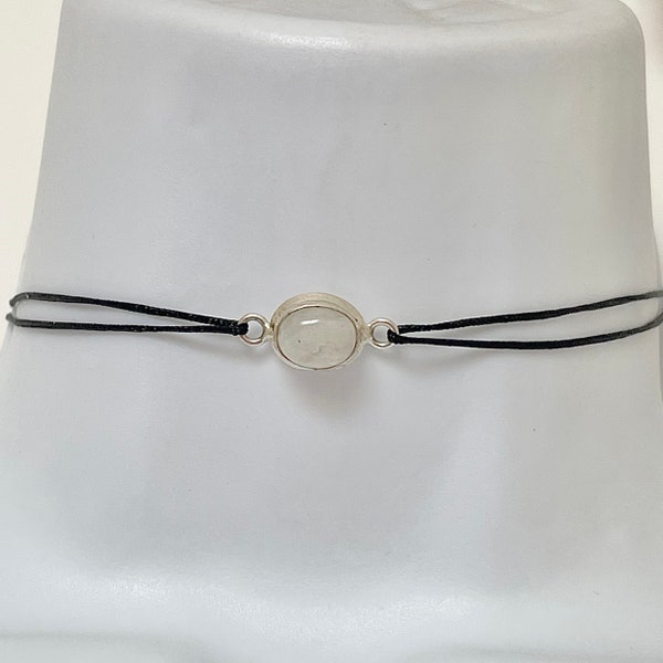 Small Moonstone Gemstone Choker Short Black Cord Necklace Tibetan Silver Detail 90’s jewellery vegan gift accessories crystal healing charm