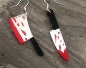Knife Meat Cleaver Dangly Mirrored Perspex Earrings 925 Sterling Silver Ear Wire Clip On Halloween Mismatch Horror prop fun blood cosplay