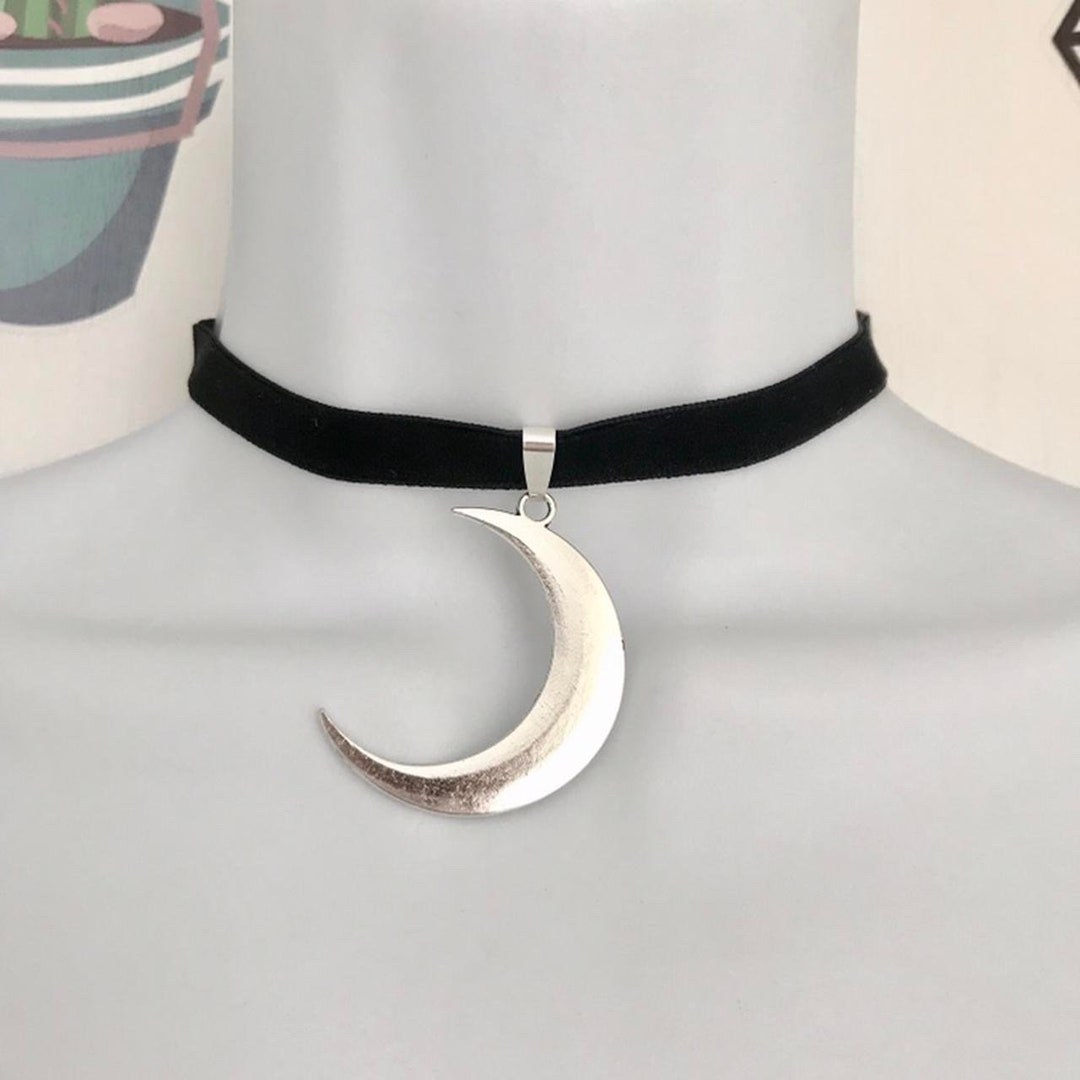Big Silver Crescent Moon Pendant on Black Velvet Choker Necklace - Etsy