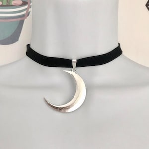 Big Silver Crescent Moon Pendant on Black Velvet Choker Necklace