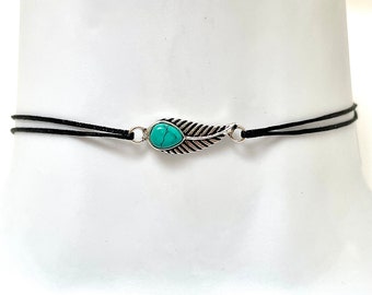 Turquoise Feather Gemstone Choker Short Black Cord Necklace