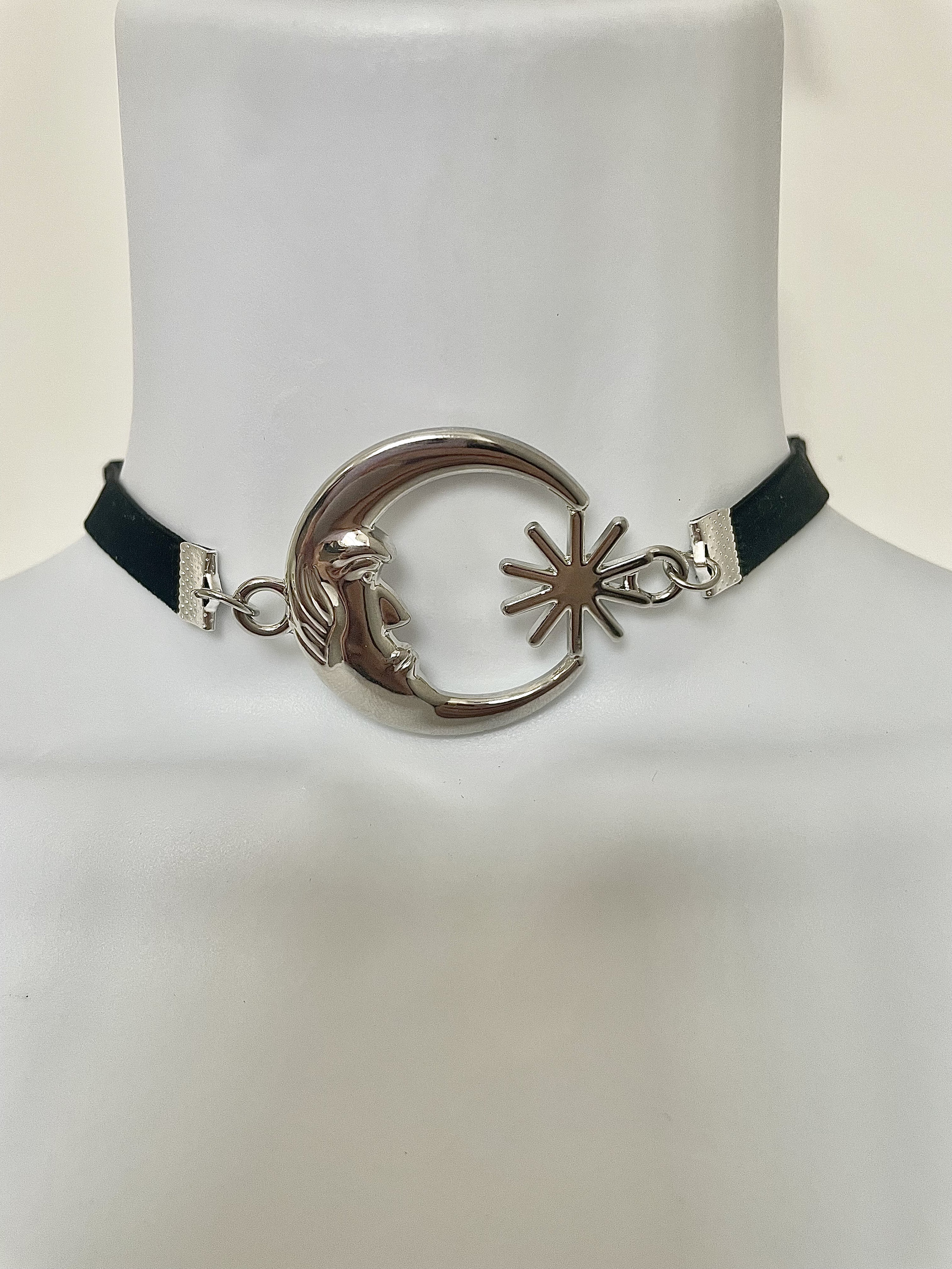 Large Silver Metal Moon & Sun on Black Velvet Choker Necklace - Etsy