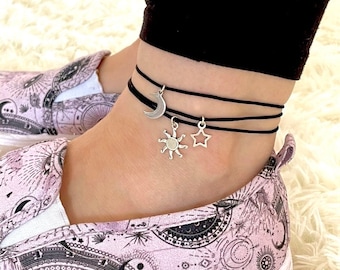 Black Cord Celestial Anklet or Bracelet: Silver Sun, Moon, Star Charms