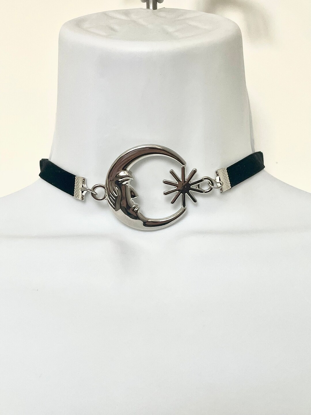 Large Silver Metal Moon & Sun on Black Velvet Choker Necklace - Etsy