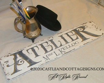 Atelier • French Workshop • Vintage Sign • Hand Painted • Personalized • Original Design Castle and Cottage Signs