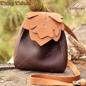 Sac feuille viking médiéval, sac ceinture Renaissance GN, sac en cuir goth Ren Faire, sac messager pour dés avec cordon de serrage, pochette pirate pour cosplay.