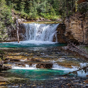 Serene Forest Waterfall Nature&#39;s Tranquil Cascade in Glacier National Park | Peaceful Nature Wall Art