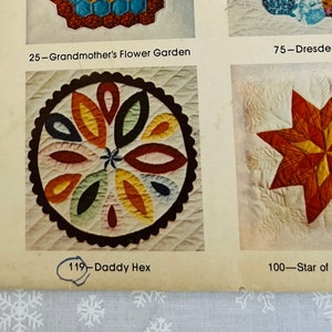 May include: A vintage quilting pattern booklet from Mountain Mist Brand, featuring a variety of quilt block designs, including "Pomegranate", "Bed of Peonies", "Grandmother's Flower Garden", "Dresden Plate", "Daddy Hex", and "Star of the Bluegrass". The booklet is priced at $1.00 and is pattern number 119.