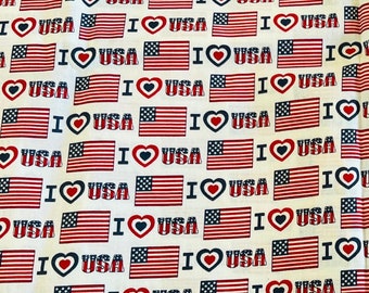 Patriotic American Flag Cotton Fabric: Red, White & Blue, I Love USA - 1 Yard