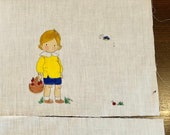 4 Vintage Hand Painted Quilt Top Fabric Squares Little Boys Playing on Fabric Blocks. Perfect for a Quilt or Frame for a Nursery.