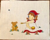 4 Vintage Hand Painted Quilt Top Squares. Little Girls in Red Blue on Fabric Blocks. Perfect for a Quilt or Frame for a Nursery.