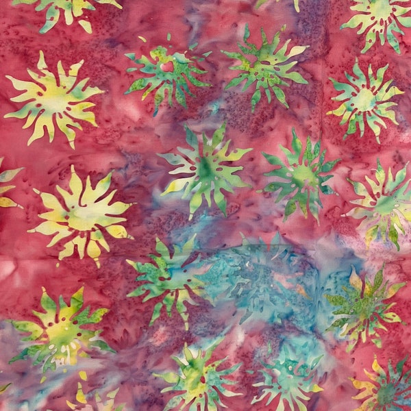 1/2 Yard Hand Dyed Sunflower Floral Silhouette Batik Quilting and Sewing Fabric, Pink, Teal, Lime Green 100% Cotton Quilt Fabric