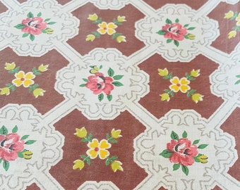 1 Yard Floral 70s Cream, Brown, Yellow & Pink Flowers Oilcloth Fabric. Decor Fabric. 35" Wide.