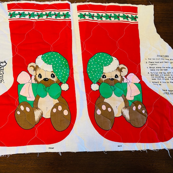 Precious Moments Quiltied Christmas Floral Stocking Fabric Panel. Quilted Fabric Stocking Craft.