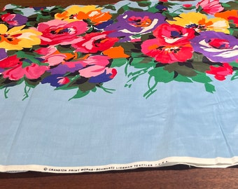 Vintage Bright Flower Sewing Apparel Border Fabric. Orange, Yellow, Purple, Pink Flowers on Blue Background Schwartz Textiles