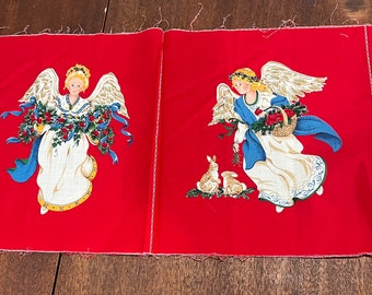 Christmas  Angel Fabric Panel, Quilt and Sewing Fabric. Bright Red Quilting Cotton Pillow, Wall Hanging, Table Runner Craft.  42" x 12"