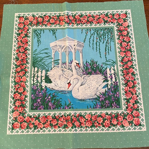 Swan Lake Pillow, Quilt Square Fabric Panel. VIP Cranston Print Works Green Quilting Fabric Block.