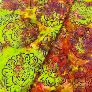 1/2 Yard Hand Dyed Large FloralSilhouette Batik Quilting and Sewing Fabric, Run Red, Purple, Sage Green 100% Cotton Quilt Fabric