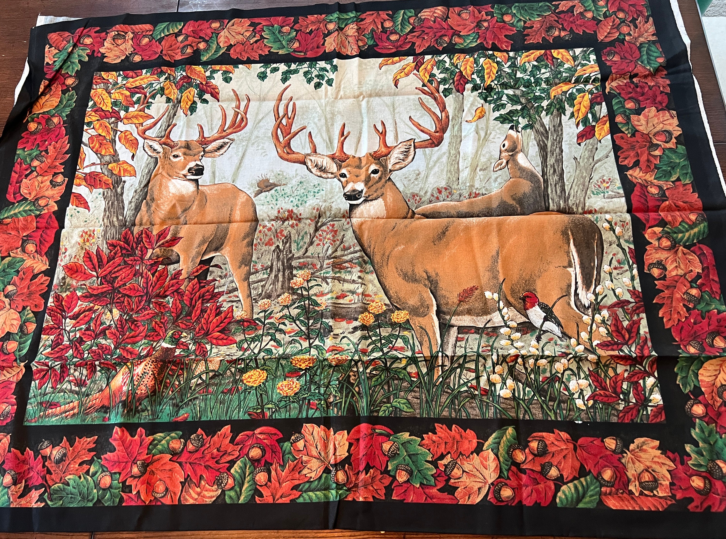 Deer Forest Fabric Panel Wall Hanging Sew Quilt Material Autumn Fall  Pheasant