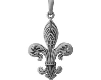 Ornate Fleur de Lis Sterling Silver Charm -- on Black Cord