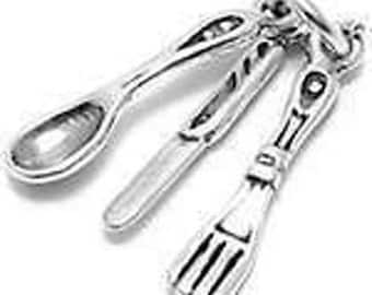 Fork, Spoon and Knife Sterling Silver Pendant -- Complimentary Ribbon or Cord