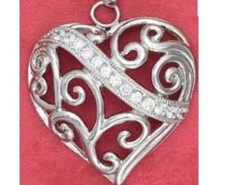 Filigree Sterling Silver Heart Pendant with CZ banner -- Complimentary Ribbon or Cord