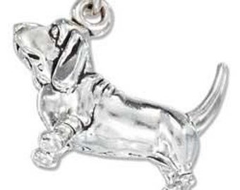 Basset Hound Sterling Silver Charm -- Complimentary Ribbon or Cord