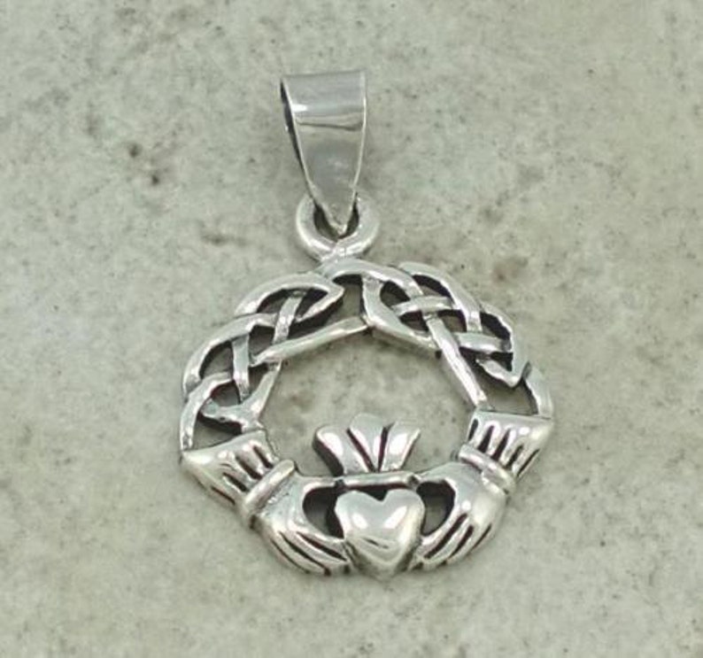 CELTIC KNOT CLADDAGH Sterling Silver Pendant Complimentary Ribbon or Cord image 1