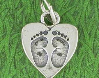 Newborn Baby Feet Footprints Sterling Silver Heart Charm -- Complimentary Ribbon or Cord