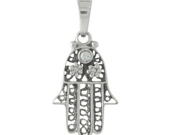 Hamsa or Hand of Fatima CZ Filigree Sterling Silver Charm -- Complimentary Ribbon or Cord