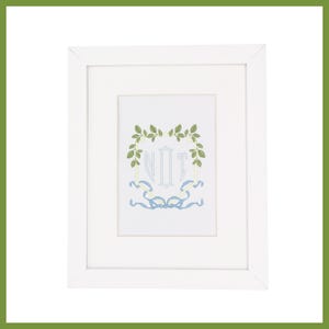 Custom Embroidered Crest Frame Blue Monogram Art 5x7 Nursery Decor