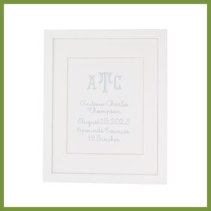Custom Embroidered Blue Monogram Birth Announcement Wall Art 8x10 Nursery Decor