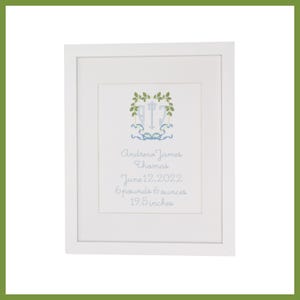 Custom Embroidered Blue Wreath Monogram Birth Announcement Wall Art 8x10 Boy Nursery Decor