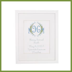 Custom Embroidered Tulip and Bow Frame Blue Monogram Birth Announcement 8x10 Nursery Decor
