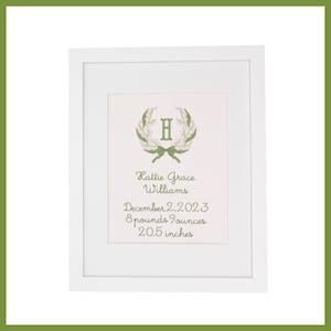 Custom Embroidered Lily Crest Birth Announcement Nursery Wall Art 8x10